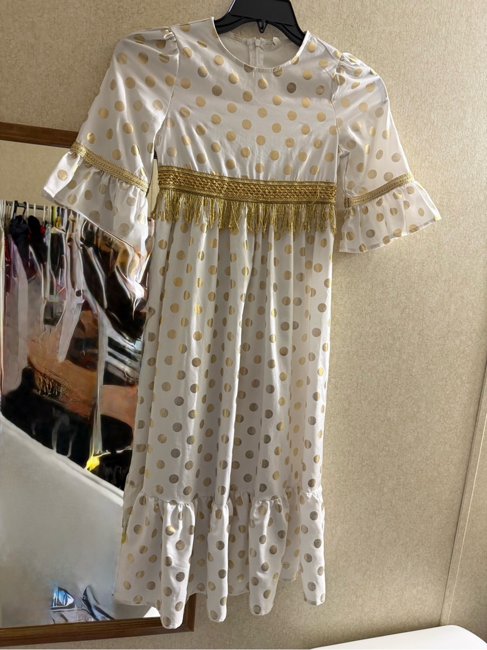 SHEIN White Dress with Gold Polka Dots and Fringe
